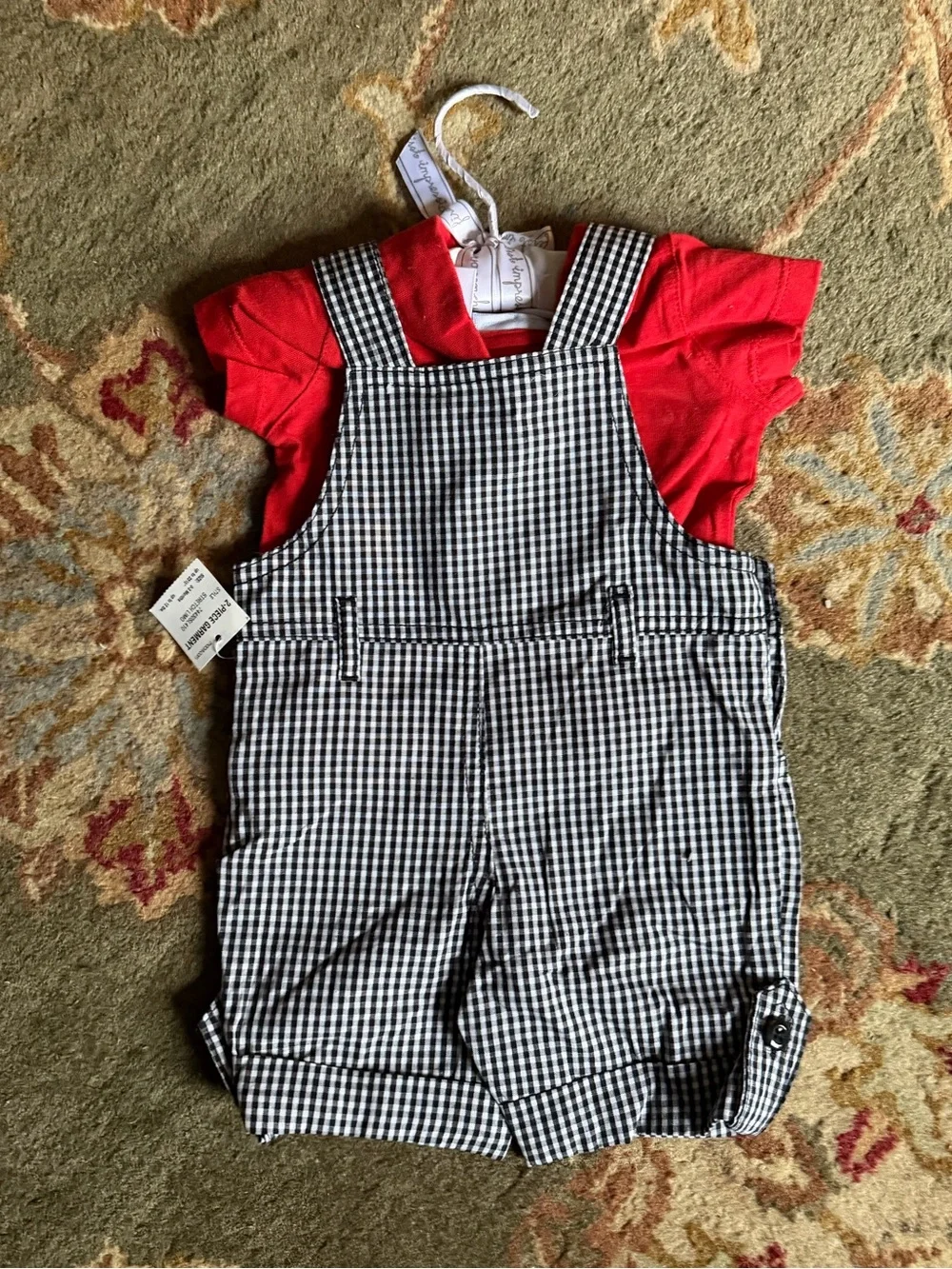 First Impressions Red Tee with Black & White Gingham Suspender Romper Size 0-3m